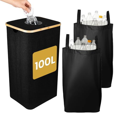 GREENSAPPIRE 100L Bottle Recycling Bin with Lid, Large Deposit Bottle Storage Box with Silicone Drop-In Hole, Double Removable Laundry Bags, Heavy-Duty Oxford Fabric Bottles Collector for Home