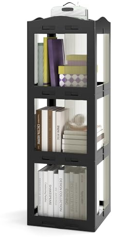 HOMASIS 3/4/5-stöckiges Bücherregal, 360° drehbares Standregal, klappbares Büroregal mit Mit transparenter Blende, Aufbewahrungsregal Regal für Wohnzimmer Arbeitszimmer Büro (Schwarz, 3 Ebenen)