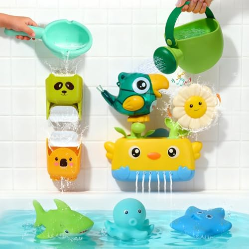 Toddler Bath Toys for 1 2 3 4 Year Old - Fun and Mould Free Bath Toy for 1-3 Year Old Boys Girls Gifts - Tub Water Play Toys with Rotating Waterfall Cups & Watering Can - Baby Bath Toys for 18+ Months