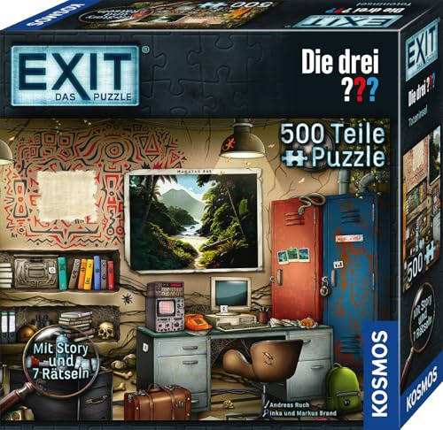 KOSMOS EXIT - Das Puzzle: Die DREI ??? Toteninsel, Escape Room Rätsel | 500 Teile, für Erwachsene und Kinder ab 10 Jahren, 7 Rätsel puzzlen, mit exklusiver Die drei Fragezeichen Geschichte