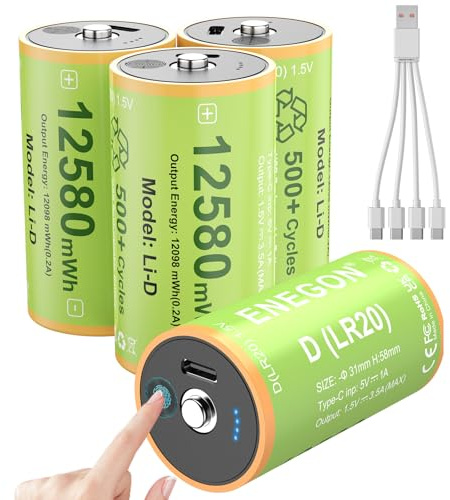 ENEGON Wiederaufladbare D-Batterien (4 Stück) 1,5 V Lithium –Type-C (5 V/1 A), 12580 mWh, LR20 mit Ladeanzeige, inkl. 1-auf-4 Ladekabel, Campinglaterne/Radio/Spielzeug/Notbeleuchtung