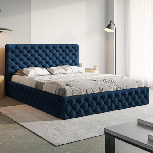 MOTIVENA Dalia Chesterfield Bett 180x200 Blau Samt, mit Stauraum, mit Kopfteil, mit Lattenrost, ohne Füße, ohne Matratze, Chesterfield Polsterbett 180x200 mit Bettkasten Blau (Dunkelblau)