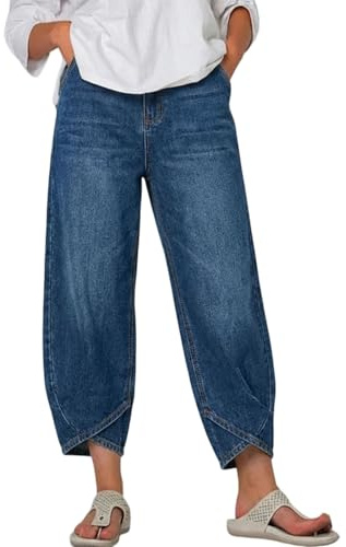 LOSVIP Barrel Jeans Damen Kurzgröße Midwaist Asymmetrisch Tapered Jeans Baumwoll-Polyester Mischung Knitterfrei Formbeständig Denim Hose (Blue, XXXXL)