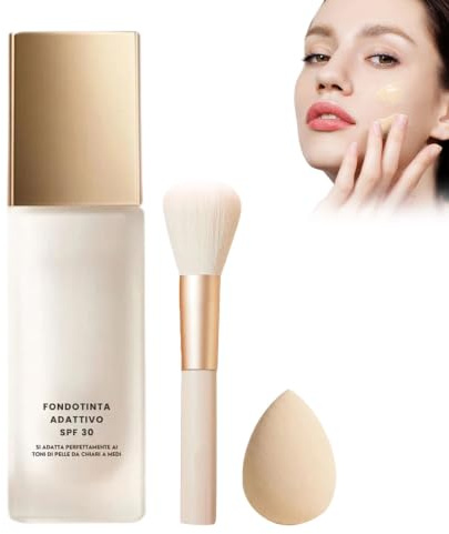 Miraglow Fondotinta Adattivo over 50, MiraGlow Fondotinta Adattivo Pelli Mature,Cobertura Uniforme, Acabado Natural, Cubre Imperfecciones,Inviare Pennello Applicatore + Spugna per Trucco 30ML,2pc