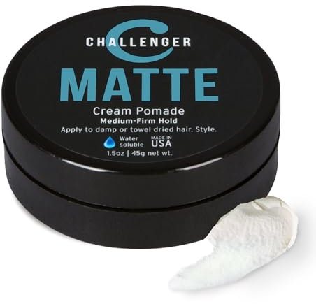 Challenger Matte Cream Pomade | Natural, Shine Free Styling Product | Medium Firm All-Day Hold | Travel Friendly Water Based Hair Gel | For All Hair Types | 1.5oz
