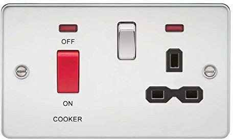 Knightsbridge FPR8333NPC Flat Plate DP Switch and Switched Socket with Neon, Polished Chrome with Black Insert, 45 A/13 A