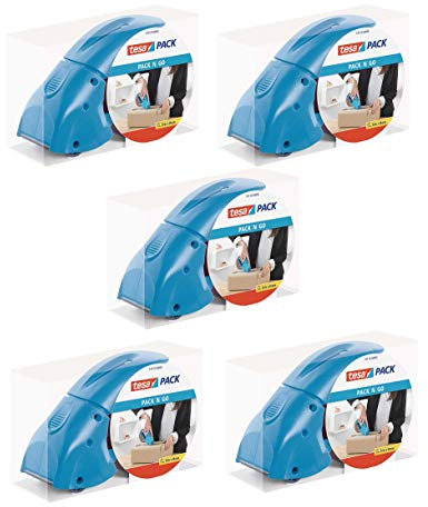 tesapack Abroller Pack' n' Go - Ergonomischer, blauer Handabroller für Paketbänder - Inklusive 50 m x 48 mm Klebeband (5 Abroller)