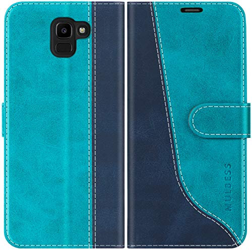 Mulbess für Samsung Galaxy J6 2018 Hülle, Handyülle Leder mit Kartenfach, Klapphülle mit Magnetverschluss, Flip Case Etui Handytasche Schutzhülle, Stilvoll Mint Blau