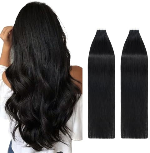 Silk-co Tape in Extensions Echthaar 40stk, Remy Tape Extensions Echthaar, Skin Weft Haarextensions Kleber Tape in Haarverlängerung 100g 01# Rabenschwarz 60cm