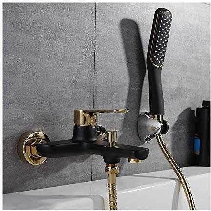 GLYYR Wannenarmatur Schwarz Gold Badewannenarmatur mit Handbrause, Wandhalterung Wannenbatterie Messing Badewanne Wasserhahn Einhebel Wannenmischer für Badezimmer