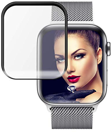 mtb more energy® Premium 5D Hybrid Schutzglas für Apple Watch 4, 5, 6, Watch SE (44 mm) - schwarzer Rahmen - komplette Display Abdeckung - Flexible Curved Tempered Glass Hartglas Glasfolie