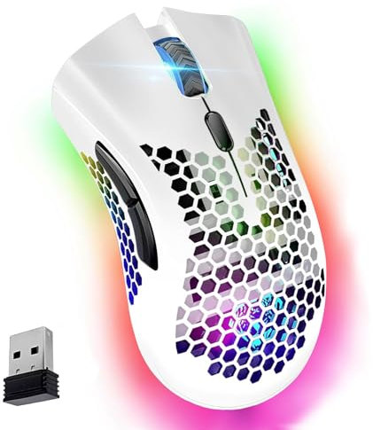 VEGCOO Gaming Mouse, Rechargeable Wireless Mouse with Honeycomb Wireless Gaming Mouse with RGB Light/Silent Click/Adjustable DPI, Optical Computer Mouse for Laptop PC Computer
