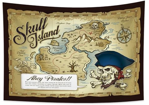 YONGFOTO Schatzkarte Wandteppich Alte Weltkarte Piratenkarten Schatz Poster Totenkopfinsel Wanddecke Wandbehang Tapisserie für Wohnzimmer Wohnheimdeko Sofa Teppich, 100x70cm