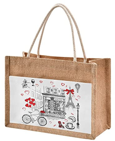 CaTaKu Paris Effiel Tower Jute-Tragetaschen mit Griffen und Reißverschluss, wiederverwendbar, Einkaufstaschen, Jutebeutel mit Vordertasche, Geschenktüten für Hochzeit, 30,5 x 22,9 cm
