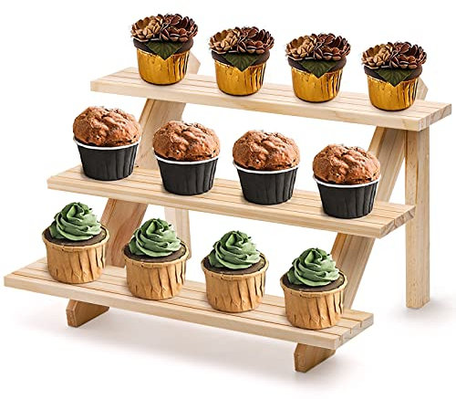 Coloch 3 Tier Wood Display Stand, Wooden Cupcake Stand, Rustic Retail Display Riser Jewelry Holder Stand, for Cupcakes, Desserts, Brooch, Bracelet, Tabletop Jewelry Display, 40 x 26x 23cm