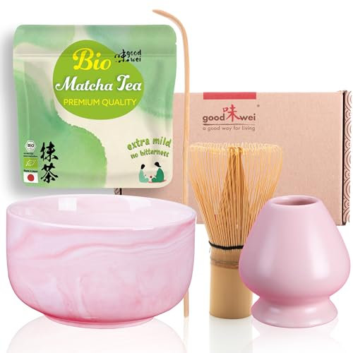 Goodwei Matcha Kit Thé Matcha BIO Japonais avec Fouet Bambou, Bol de Cérémonie en Céramique et support à fouet | Coffret cadeau (Pinku)
