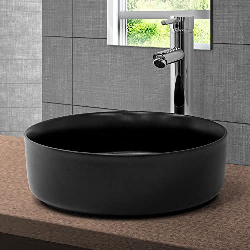 ML-Design Lavabo en Céramique Noir Mat Ø 360x120 mm, Design Ronde, Vasque à Poser Moderne, Lavabo de Comptoir Élégant, Lavabo avec Trou d'Évacuation, Lave-mains pour Salle de Bain/WC Invités