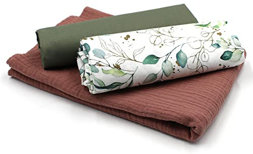 VmG-Store Musselin + Baumwollstoff Set farblich abgestimmt Double Gauze Stoff 100% Baumwollstoff Tex Standard 100 (Set04 Eukalyptus 4)
