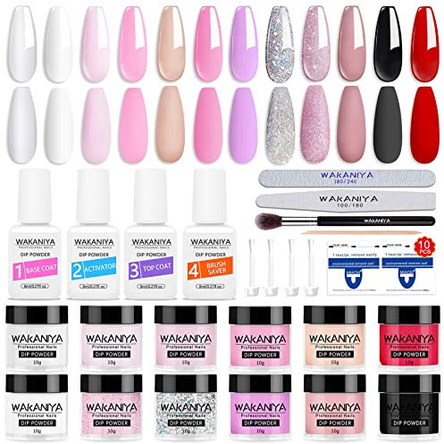 Dipping Powder Nail Kit 12 Color Clear White Nude Dip Powder French Set with Base Top Coat, Activator, Brush Saver Dip Manicure System, wakaniya Nail Dipping Powder Starter Kit for DIY Home & Salon