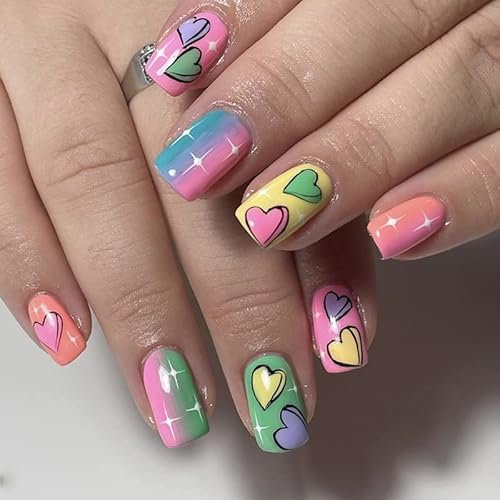 Brishow Coffin False Nails Pink Short Fake Nails Colour Heart Press on Nails Full Cover Stick on Nails 24pcs for Women and Girls, Pack Of 1