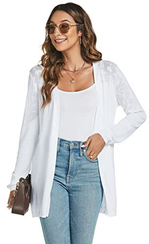 Famrrifuu Donna Cardigan Cotone Lungo Leggero Maniche Lunghe Aperto Davanti Elegante Casual Cardigan,Bianco,XXL