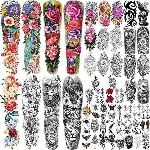 55 Blätter Temporäre Tattoos für Männer, Blumen fake tattoos Long Lasting für Kinder Erwachsene Männer und Frauen mehrfarbig