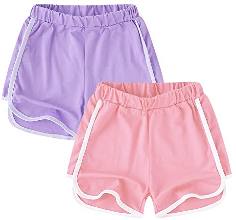 GENTABY Mädchen Shorts Baumwolle Kinder Gym Kurze Hose Athletisch mit Sommer Sport Running Shorts Jungen Schwarz Grau Rosa Lila 2 Pack Tanzen 4-11 Jahre Mädchen Gym Shorts.