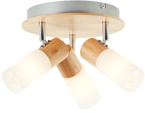 Lightbox 3 flammiges Spotrondell - skandinavischer Decken Strahler mit schwenkbaren Köpfen - 12 cm Höhe - Ø 20 cm - E14 Fassung - max. 3,5 W - aus Metall/Bambus/Kunststoff - in Hell Braun/Weiß