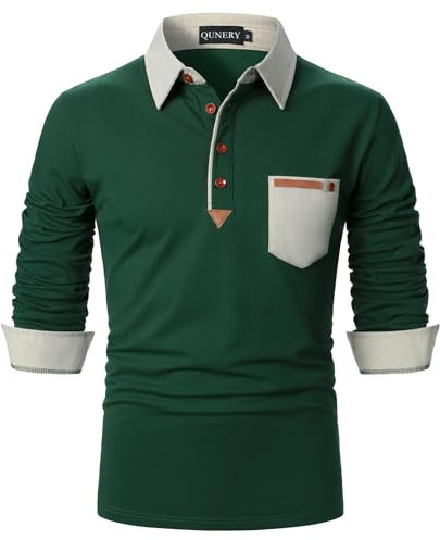 QUNERY Poloshirt Herren Langarm Getäfelt T Shirts Golf Tennis Hemden Casual Tops Grün M