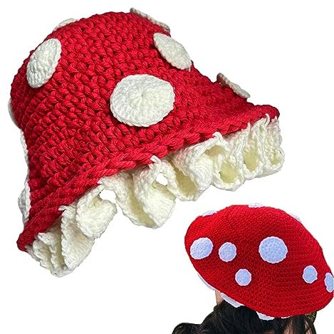 Stronrive Roter Pilzhut | Fee häkeln Cosplay Zubehör Pilz Zubehör für Frauen | Hut Süßes Mädchen, 57-62cm Pilzhut Kostü, Cosplay Mützen Vintage für Gartenarbeit,