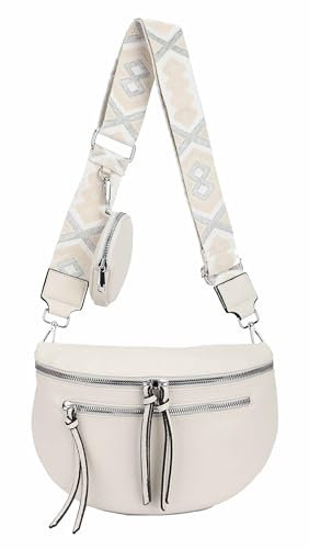 ITALYSHOP24 Damen Tasche Umhängetasche Brusttasche Muster Gürtel Bauchtasche Crossbody Gürteltasche Hüfttasche Crossover Bodybag Schultertasche Handytasche Leder Optik Beige