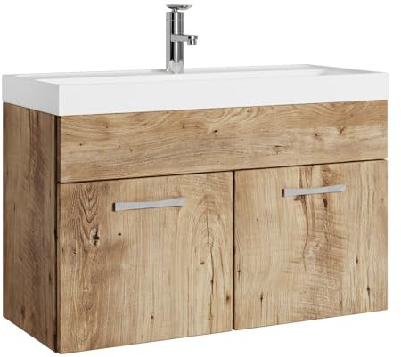 Badezimmer Badmöbel Set Paso 01 80cm Waschbecken Eiche Kastanie - Unterschrank Schrank Waschbecken Waschtisch