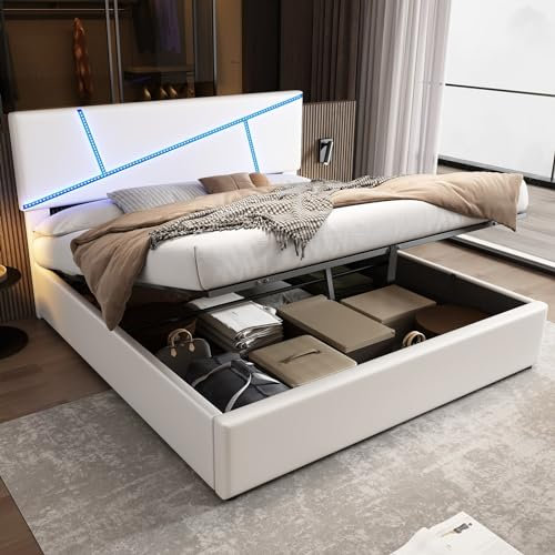KnSam Bequemes Polsterbett, 180x200 cm Doppelbett mit Lattenrost, Rückenlehne, Hydraulisches Funktionsbett, Synthetisches Leder für Erwachsene&Jugendliche, Weiß