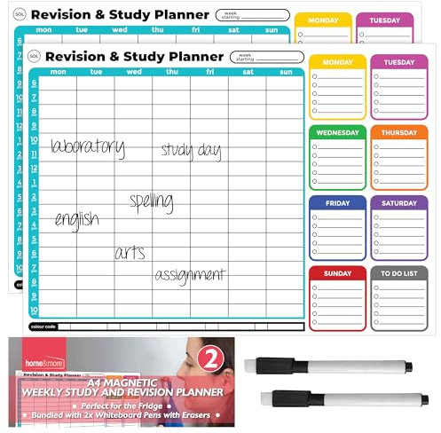 SOL 2pk A4 Magnetic Weekly Study and Revision Planner, Magnetic Whiteboard for Fridge, Dry Erase Surface, Includes Pens and Eraser, Ideal for Organising Schedules, Meal Plans, Exam Prep & Family Notes