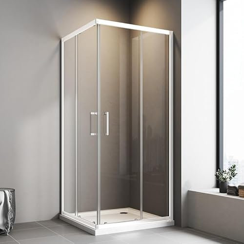 Duschkabine 90x90 cm Weiß Schiebetür Eckeinstieg Duschkabine mit Schiebetüren 6mm ESG Sicherheitsglas Duschschiebetür Eckeinstieg Duschabtrennung Dusche Duschwand Höhe 185cm