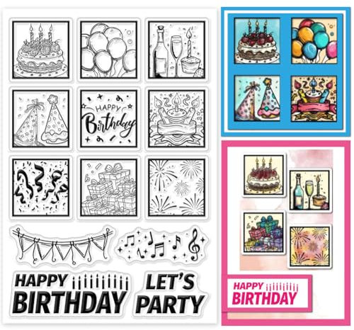 GLOBLELAND Torte Ballons Klare Stempel Mit Happy Birthday Hintergrund Zum Basteln von Karten Weinflasche Kerze Ballon Klare Stempelsiegel Transparente Stempel Für DIY Scrapbooking Fotoalbum Tagebuch