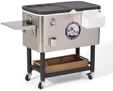 Tommy Bahama Frigorifero rotante in acciaio inox da 100 litri con ruote, apribottiglie attaccato e raccogli tappi