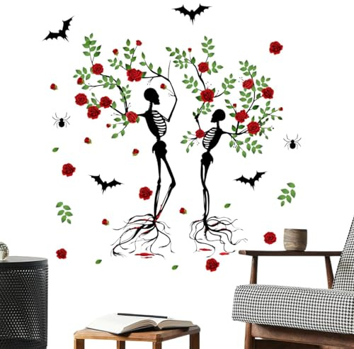 Halloween Stickers Muraux Autocollant Mural Arbre Tête de Mort Couple - Autocollant Squelette Autocollant Mural Arbre, Art Squelette Art Autocollant Autocollant