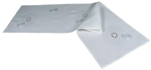 Läufer Tischdecke Leinen-Optik Bestickt Deko Esszimmer Serie Pusteblume Tischwäsche Stickerei Blumen Ornamente Tischband Typ887 Tischläufer 40x140 cm wollweiß