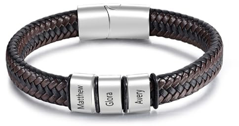 lorajewel Armband für Herren mit Gravur Personalisierte Geschenke für Männer Schwarz Edelstahl Lederarmband Herren mit Namen Geschenk für Vatertag Weihnachten Valentinstag (Silber-3 Namen)