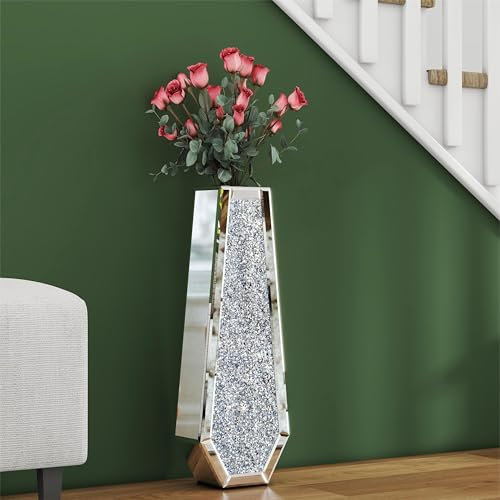 SHYFOY Large Tall Floor Vase, 61cm Indoor Modern Tall Vases Silver with Crystal Diamond and Mirror Design for Living Room Floor Decoration