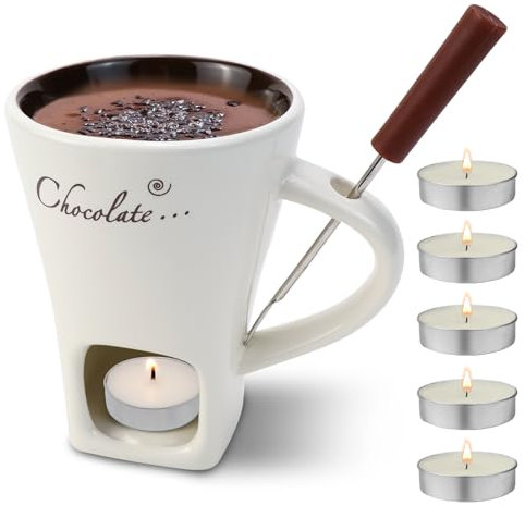 Schokofondue Tasse, 200Ml schokoladenfondue Tasse, Mehrzweck Chocolate Fondue Set mit Gabel und Teelicht, geeignet für Käse, Schokolade, Butter und Karamell (weiß)