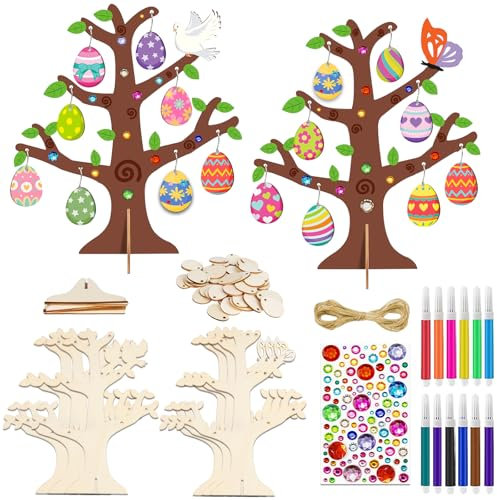 IWTBNOA Ostern Basteln Kinder, 6 Stück Ostereierbaum Bastelset, Ostereier zum Bemalen, Osterbaum Holzschmuck zum Basteln, DIY Holz Basteln Kreativsets für Jungen Mädchen Osterndeko Frühling Geschenk