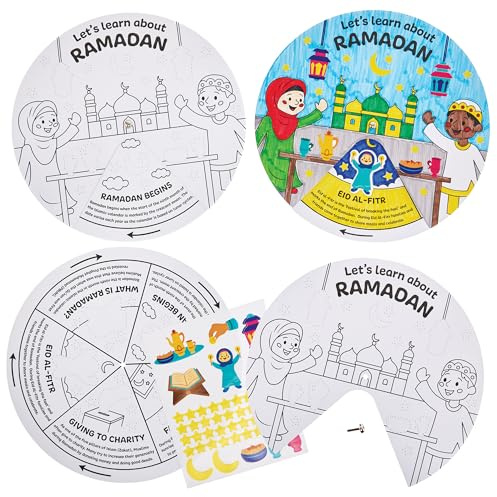 Baker Ross FN363 Ramadan Colour-in Story Wheel - Pack of 4, Religious Education for Kids, Ramadan Arts and Crafts