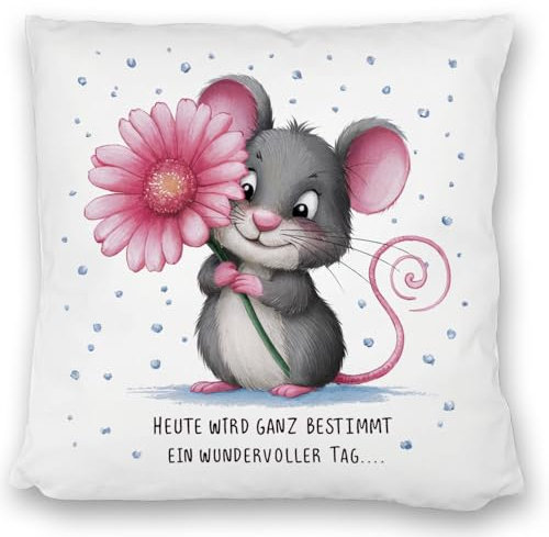 speecheese Maus mit Blume Kissen satiniert - wundervoller Tag Mit lustigem Motiv - DekoKissen satiniert für fröhliche Wohnräume