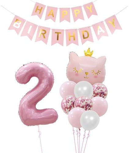 Tourima Geburtstagsdeko 2 Jahr Mädchen mit Happy Birthday Girlande, 2. Geburtstag Deko-Set, Rosa Katzen-Ballon, Happy Birthday Banner, Konfetti-Luftballons, Rosa & Weiß, 2.Geburtstag Mädchen