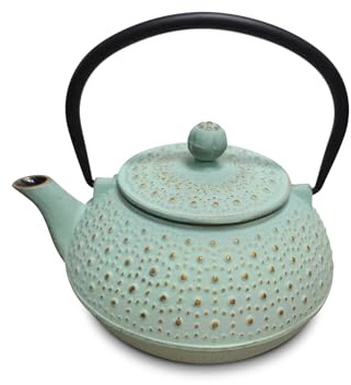 H&H Teiera in Ghisa Smaltata 0,80 L con Filtro in Acciaio Inox, Colore Verde Chiaro, Adatta a Tutti i Piani Cottura, Incluso Induzione