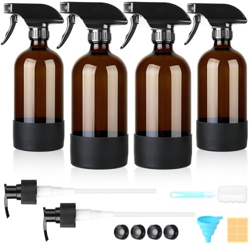 Furuising 4 Piezas Botella Spray Pulverizadors, 480ml/16oz, Spray Bottle Cristal con Rociador Ajustable, Bomba, Tapas, Funda, Embudos, Cepillos y Etiquetas para Limpieza, Hogar, Plantas, Peluquería