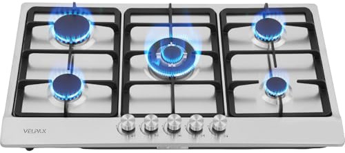 Gas Hob,Built-in Stainless Steel Gas Hob 5 burners with Flame Failure Protection,Cast iron grille,Power cable110cm/43in,Cast Iron Pan Support,LPG/NG Kit,86cm x 50cm
