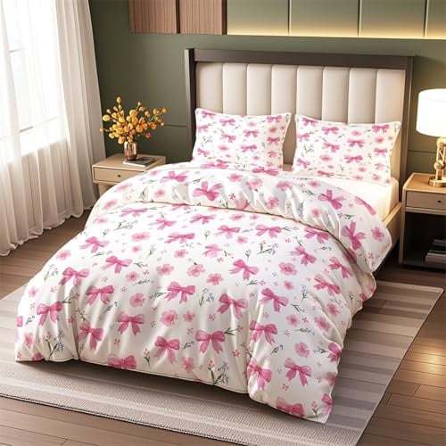 ViblyCoz Pink Bow Floral Single Bed Duvet Cover Set White 3 Piece Bedding with 1 Duvet Cover 135x200cm and 2 Pillowcases